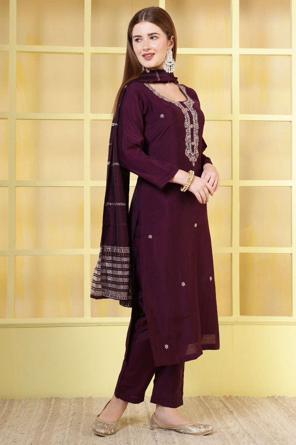 Dark Scarlet Silk Cut-Dana And Pearl Embroidered Suits