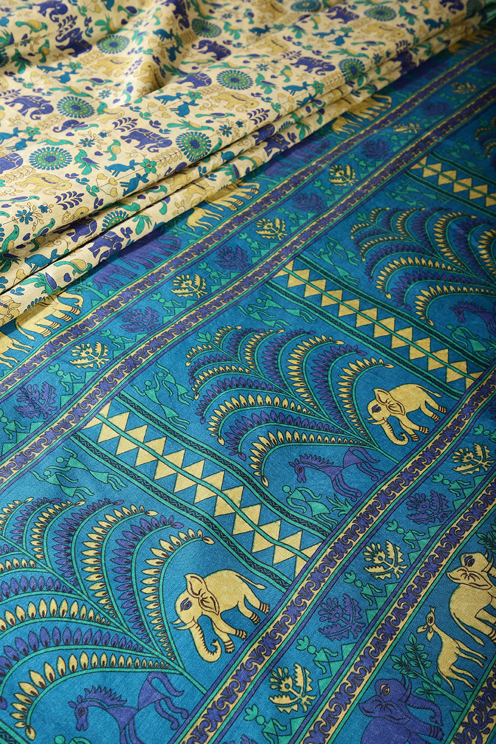 Cream & Blue Color Tussar Silk Indian Folk Art Printed Saree