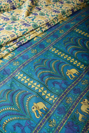 Cream & Blue Color Tussar Silk Indian Folk Art Printed Saree