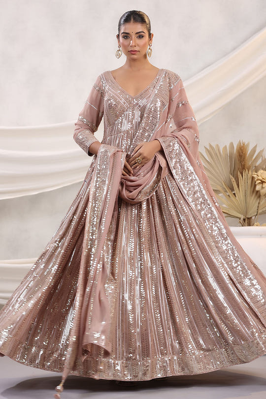 Peach Color Georgette Sequins Embroidered Floor Length Anarkali Gown with Dupatta