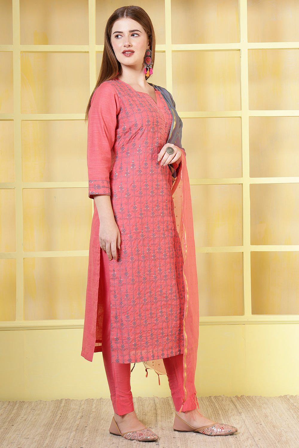 Coral Pink Chanderi Cotton Resham Embroidered Suit