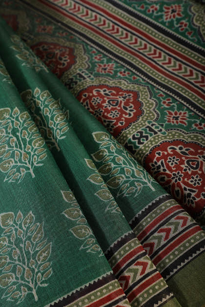 Green Cotton Silk Block Printed Saree
