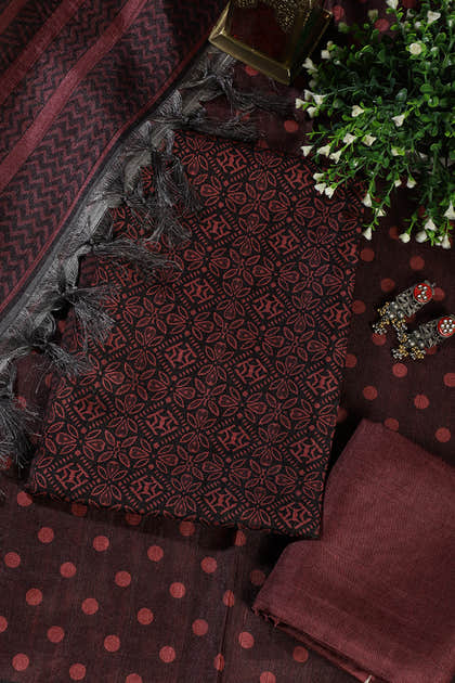 Maroon Chanderi Cotton Printed Unstiched Suit Material