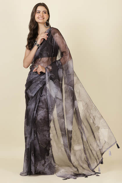 Black Printed Organza Saree