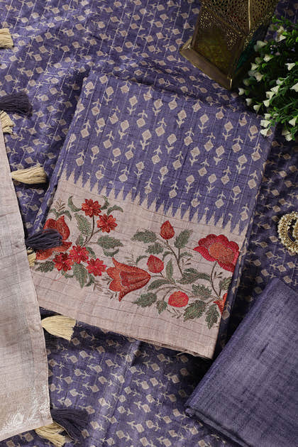 Voilet Tussar Cotton Printed And Floral Embroidered Unstiched Suit Material