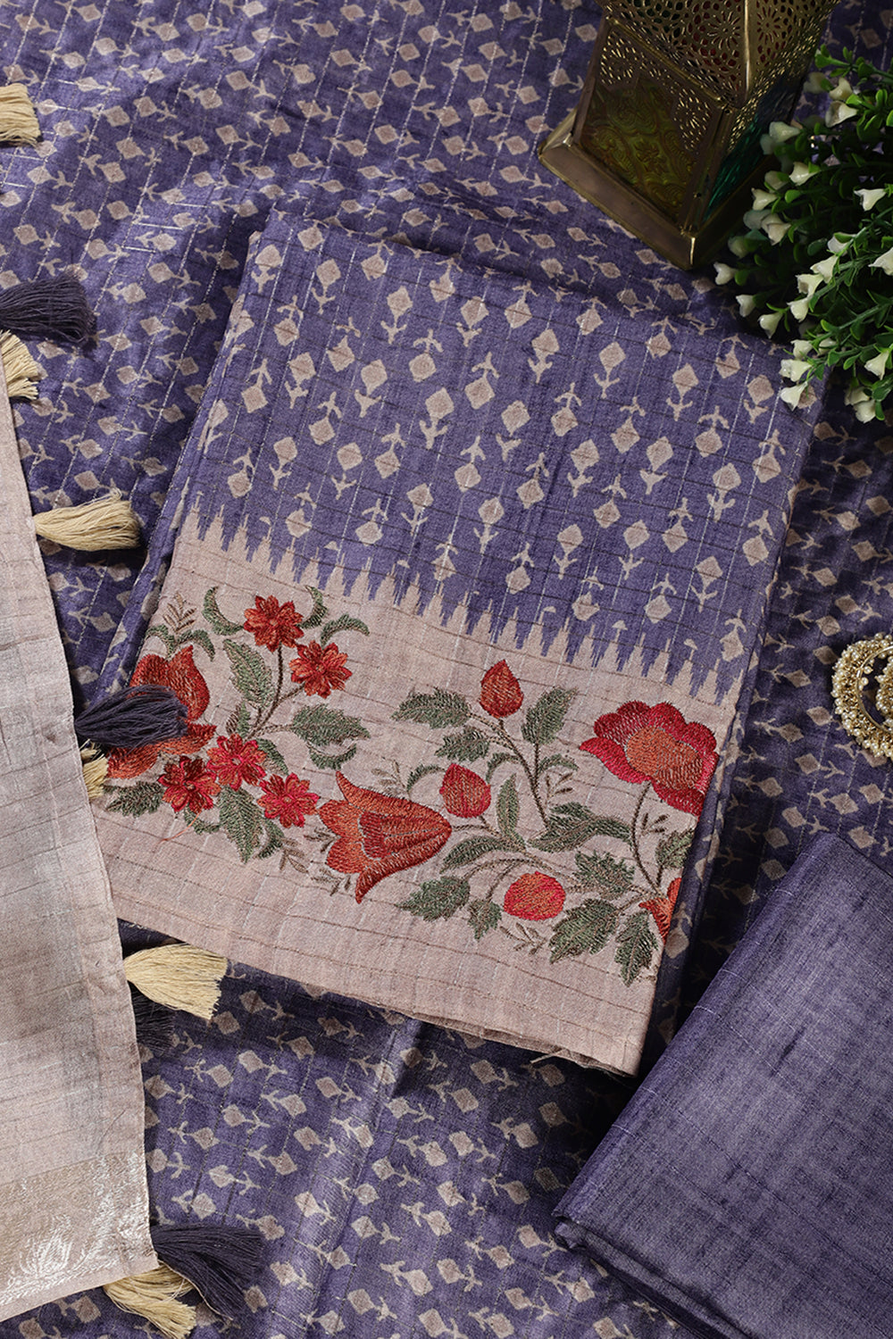 Voilet Tussar Cotton Printed And Floral Embroidered Unstiched Suit Material