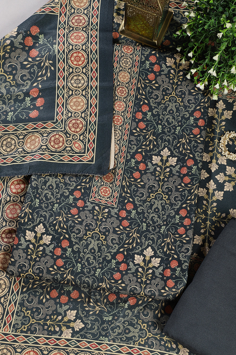 Blue Digital Printed Pashmina Unstitched Suit Fabric