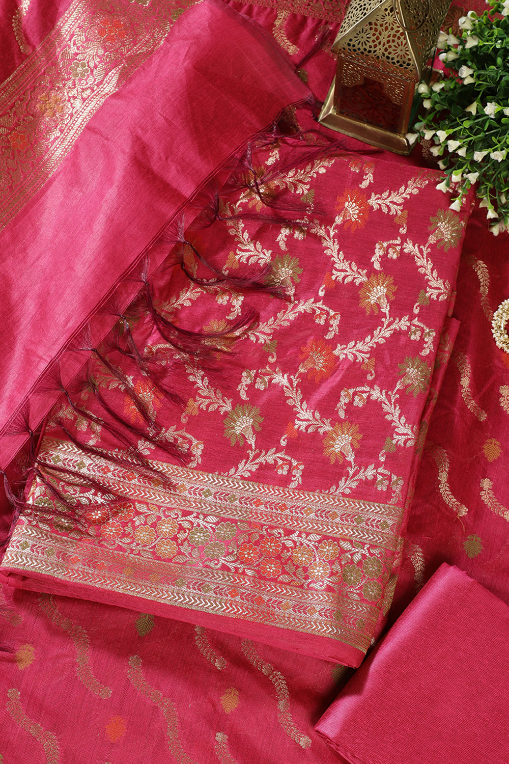 Fuchisa Coral Chanderi Silk Resham And Zari Woven Unstitched Suit Material