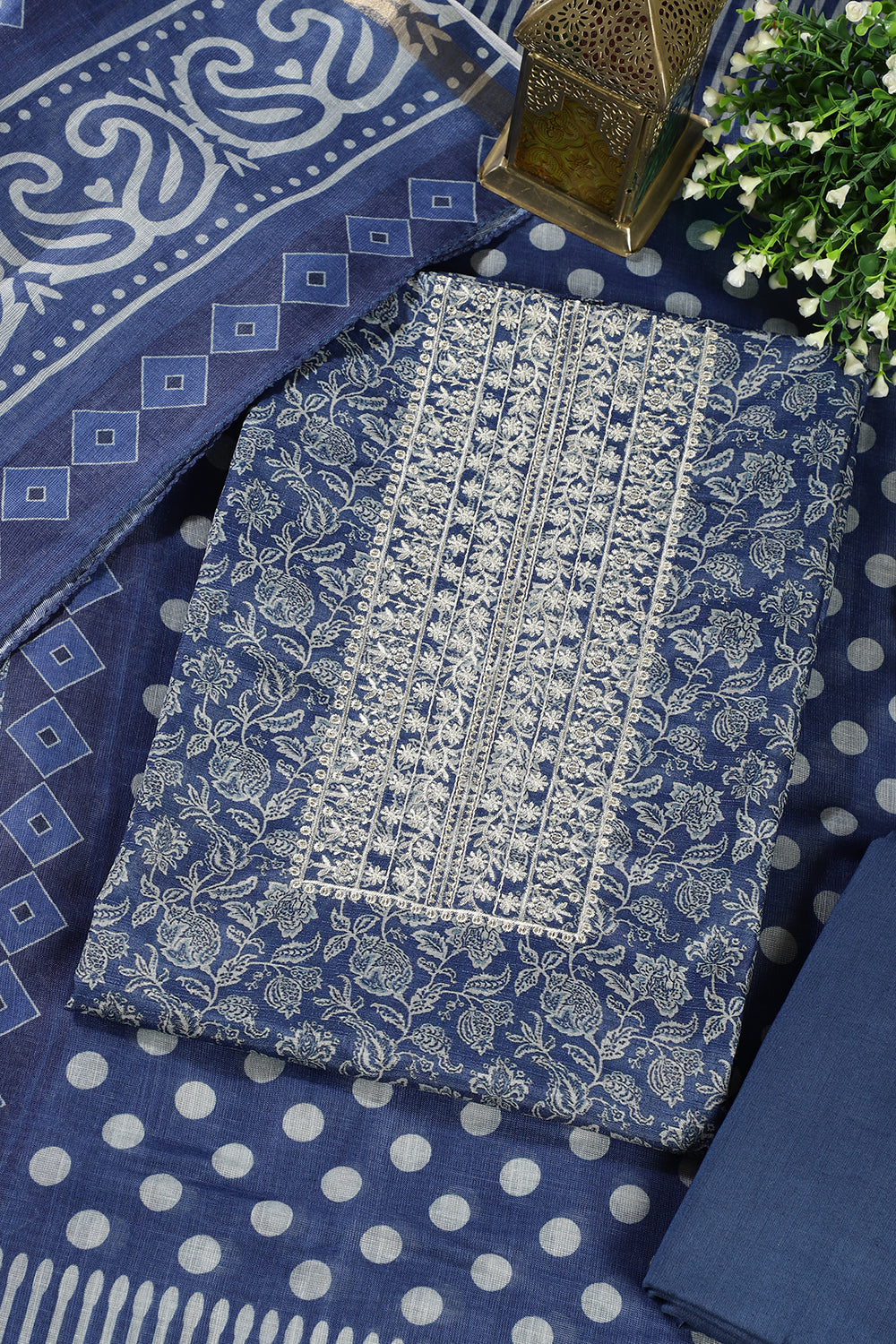 Navy Blue Cotton Silk Floral Printed and Neck Embroidered Unstitched Suit