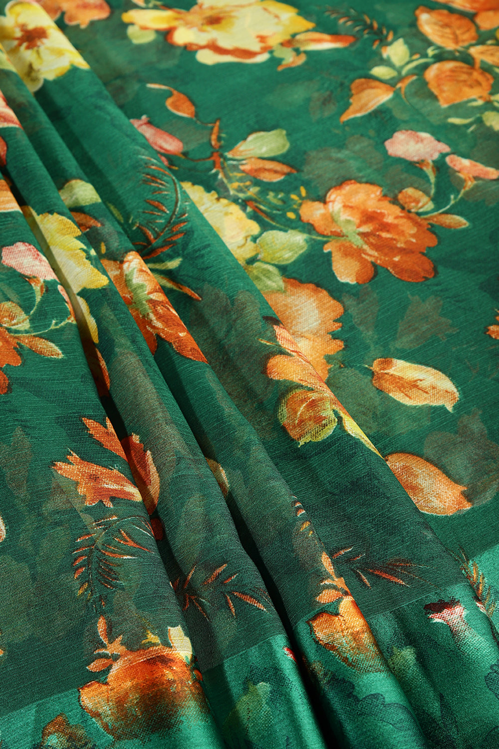 Bottle Green Color Floral Printed Chiffon Saree