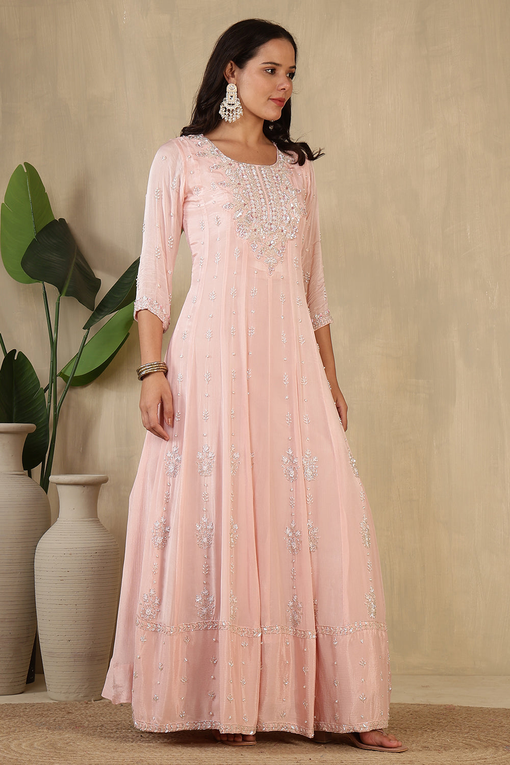 Baby Pink Embroidred Crepe Silk Anarkali Suit
