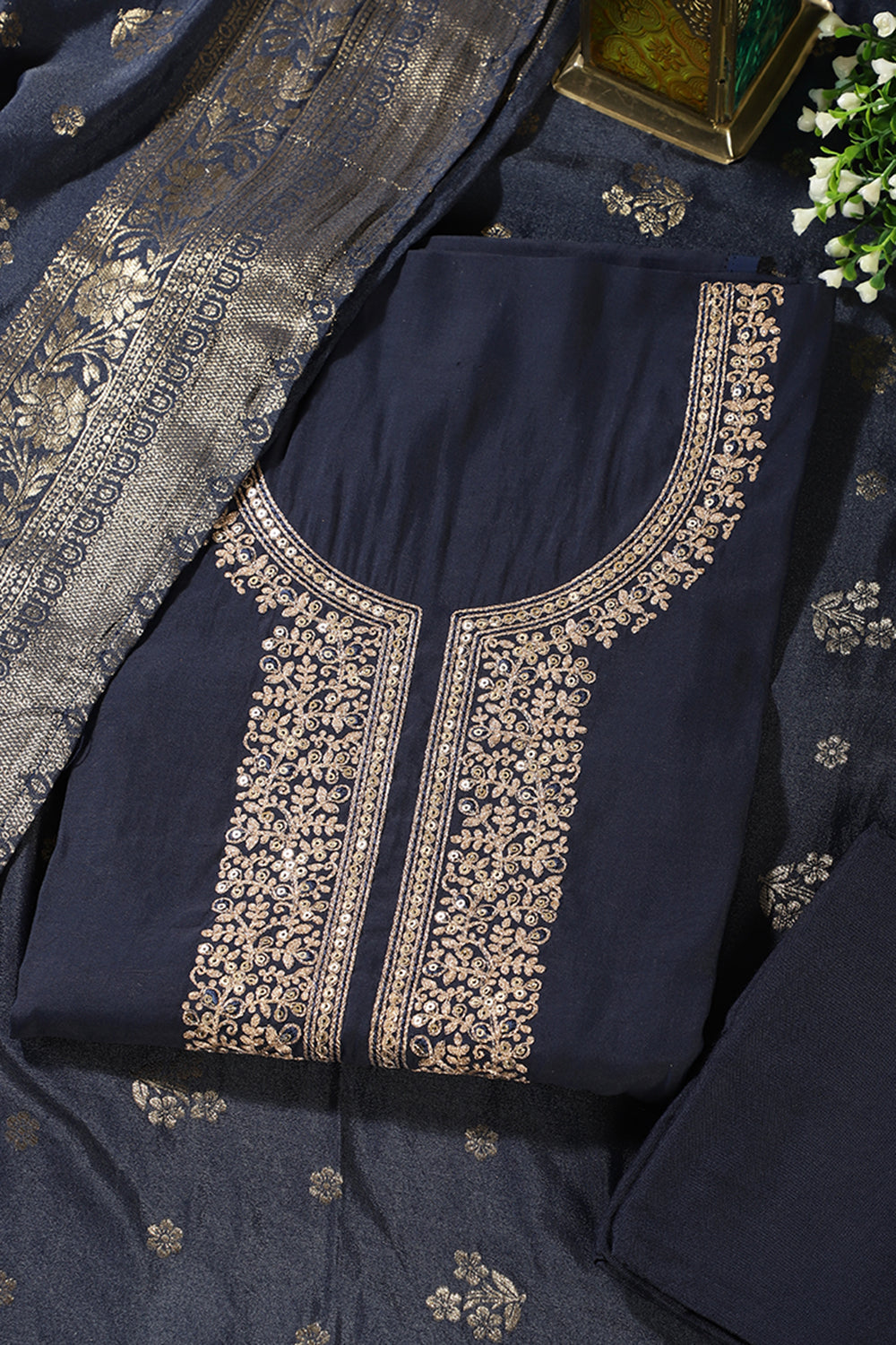 Navy Silk Neck Zari Embroidered Unstitched Suit Material