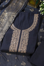 Navy Silk Neck Zari Embroidered Unstitched Suit Material