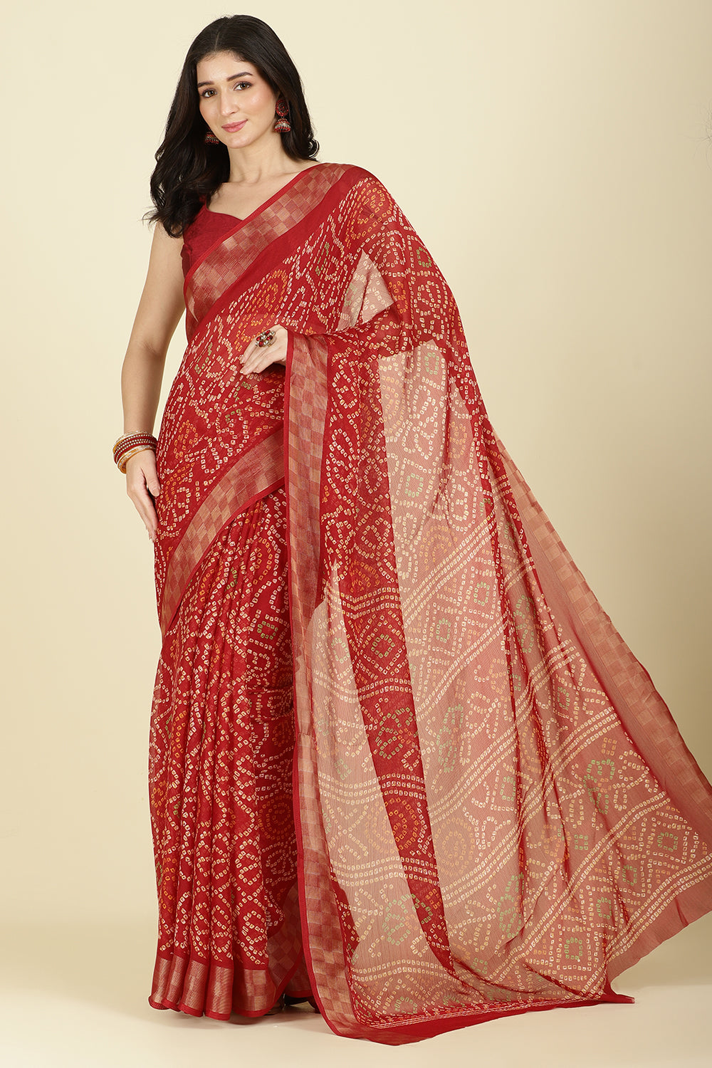 Maroon Color Chiffon Bandhani Printed Saree