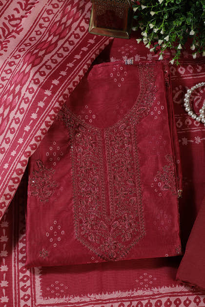 Deep Carmine Chanderi Silk Printed And Embroidered Unstitched Suit Material