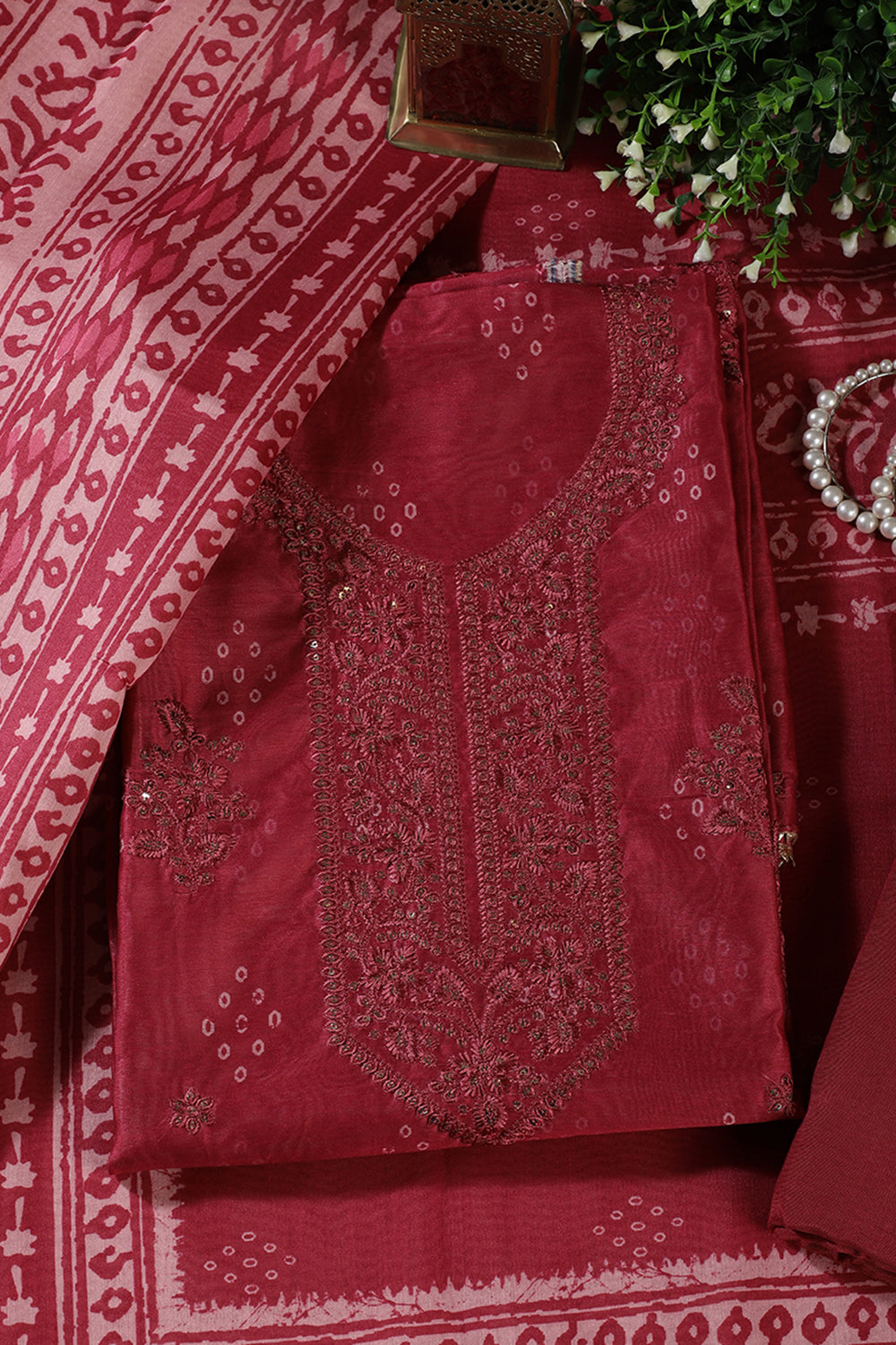 Deep Carmine Chanderi Silk Printed And Embroidered Unstitched Suit Material