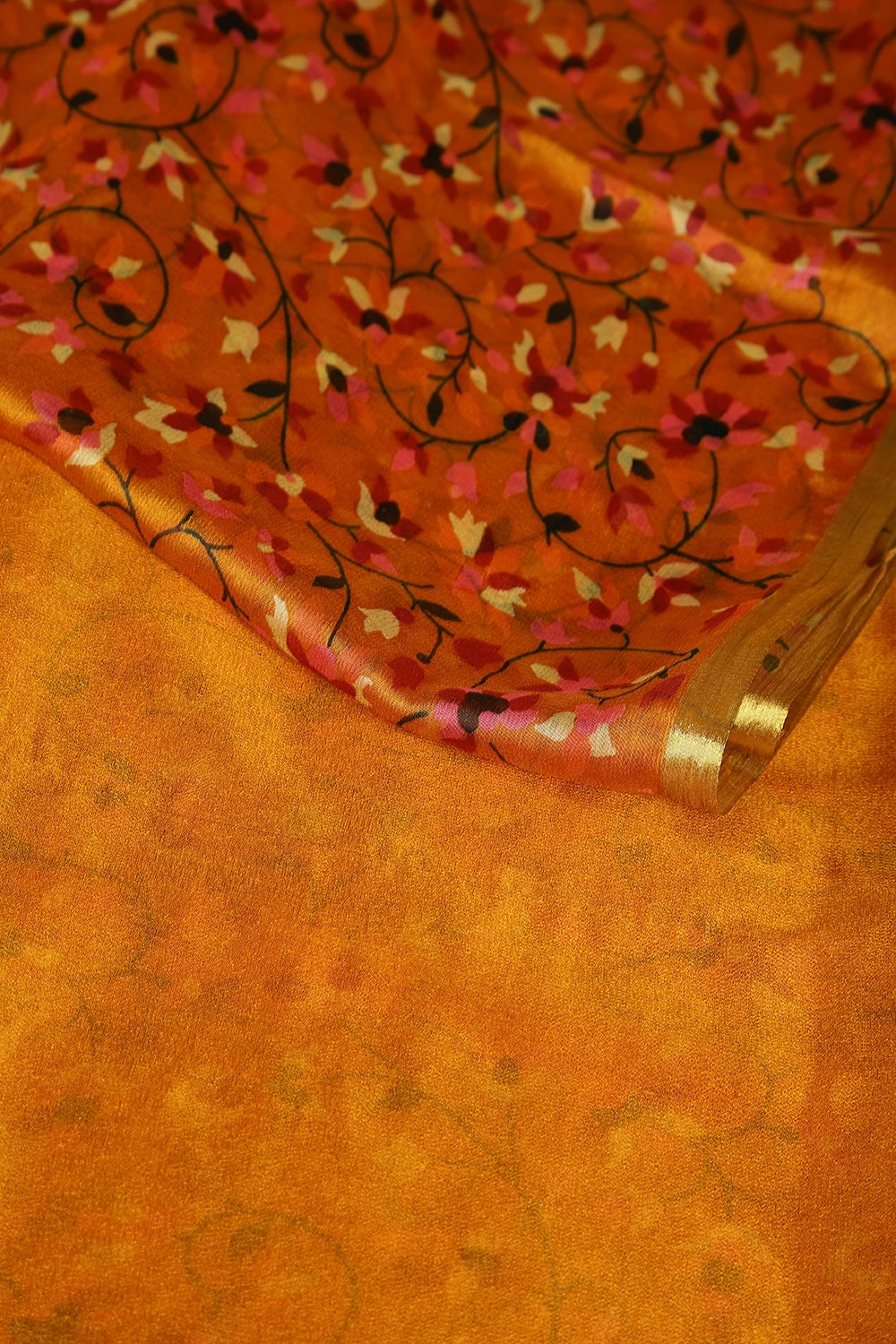 Mustard Color Chiffon Floral Zari Border Printed Saree