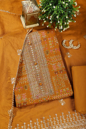 Mustard Digital Printed & Neck Embroidered Cotton Unstitched Suit