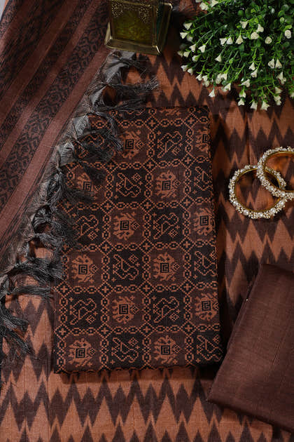 Brown Chanderi Cotton Digital Printed Unstiched Suit Material