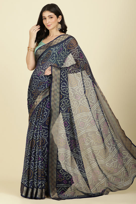 Navy Color Chiffon Bandhani Printed Saree