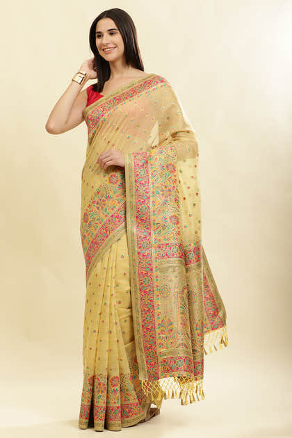 Light Mustard Chanderi Cotton kashida Weaves Saree