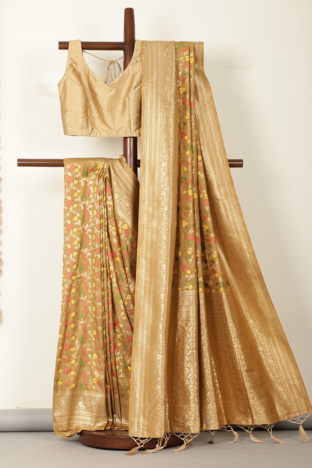 Beige Silk Resham & Zari Woven Saree