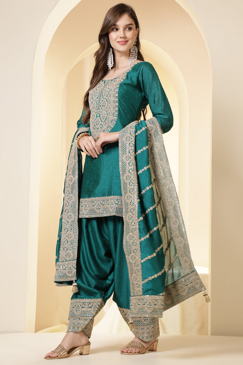 Teal Silk Zari Embroidered Suit With Farsi Salwar