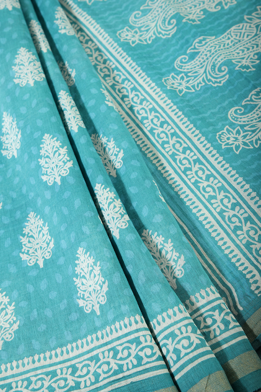 Sea Green Color Cotton Hand-Block Style Printed Saree
