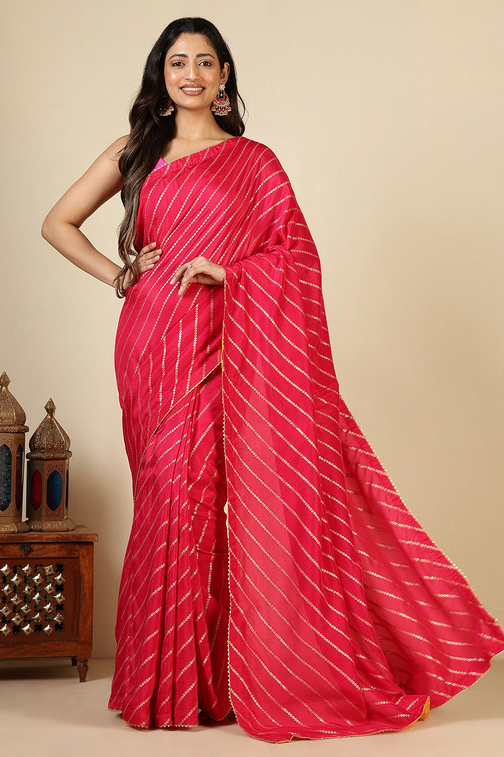 Red Modal Silk Saree with Zari Pinstripes