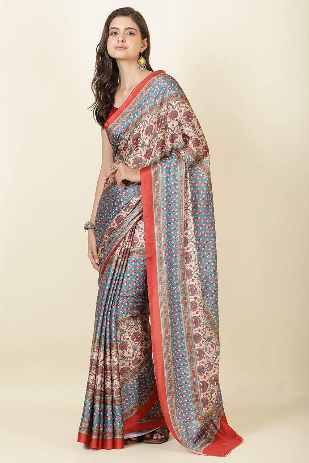 Teal & Beige Crepe Printed Saree