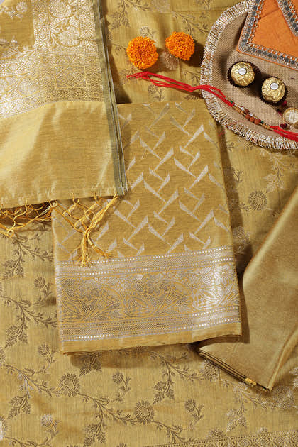 Mustard Colour Zari Woven Silk Unstitched Suit Material