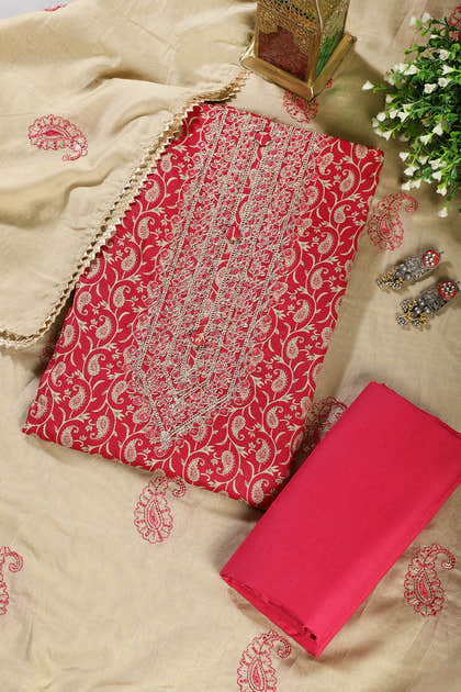 Cardinal Red Cotton Digital Buta-Printed & Neck Embroidered Unstitched Suit