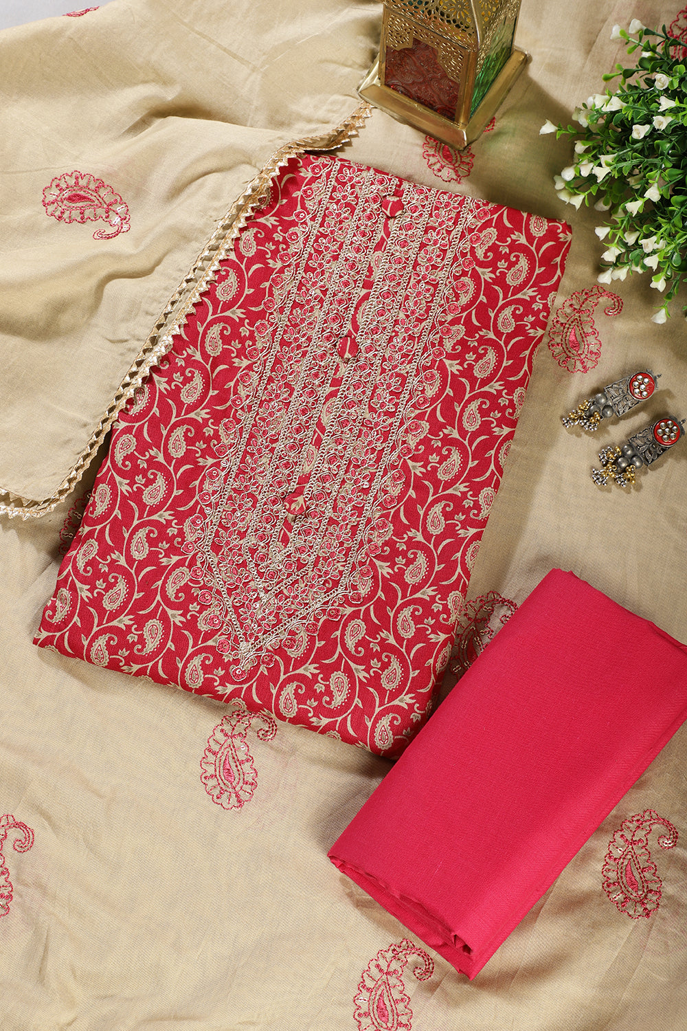 Cardinal Red Cotton Digital Buta-Printed & Neck Embroidered Unstitched Suit