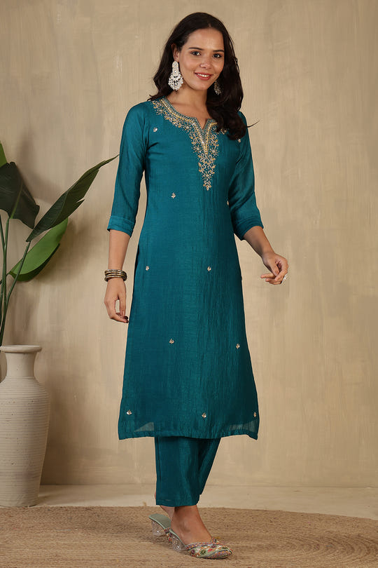 Teal Crepe Silk Neck Embroidered Suit