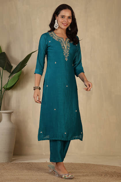 Teal Crepe Silk Neck Embroidered Suit