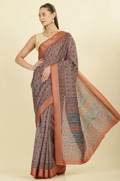 Rust Ajrakh Block Printed Cotton Saree