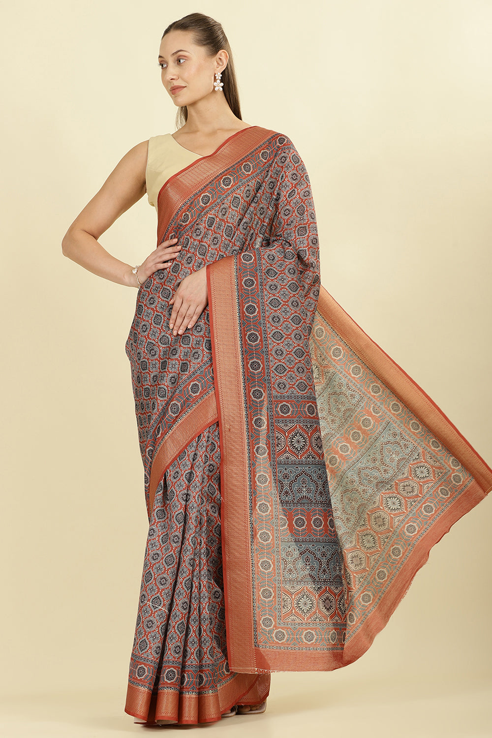 Rust Ajrakh Block Printed Cotton Saree