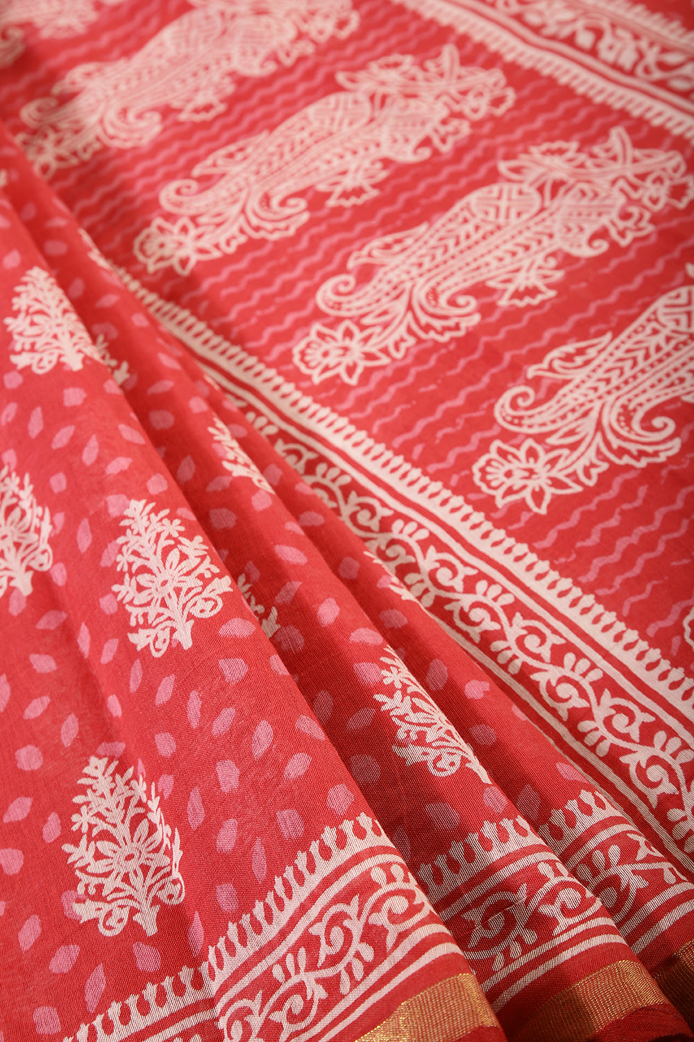 Red Color Cotton Hand-Block Style Printed Saree