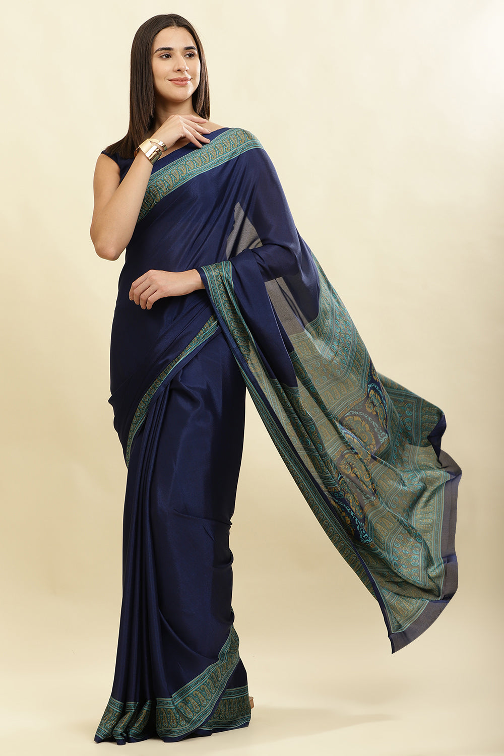 Navy Crepe Printed Saree