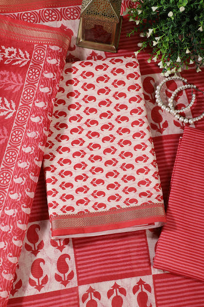 Cream & Red Cotton Dabu Block Print Unstitched Suit Material
