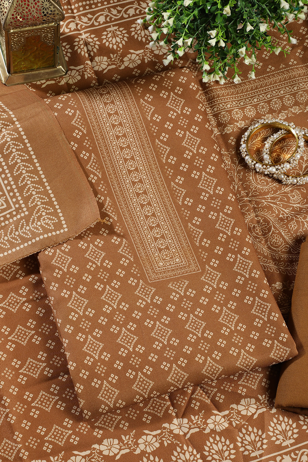Mustard Printed Pashmina Unstitched Suit Fabric
