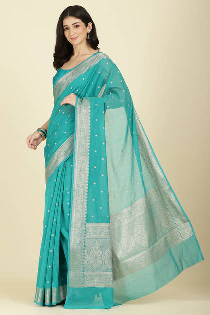 Teal Zari Woven Cotton Silk Saree