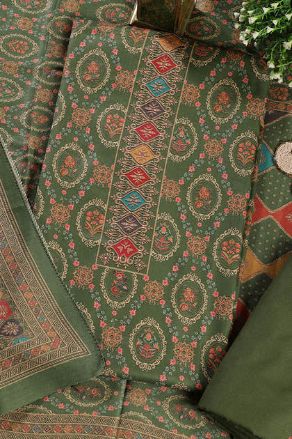 Green Pashmina Digital Printed Unstitched Suit Material