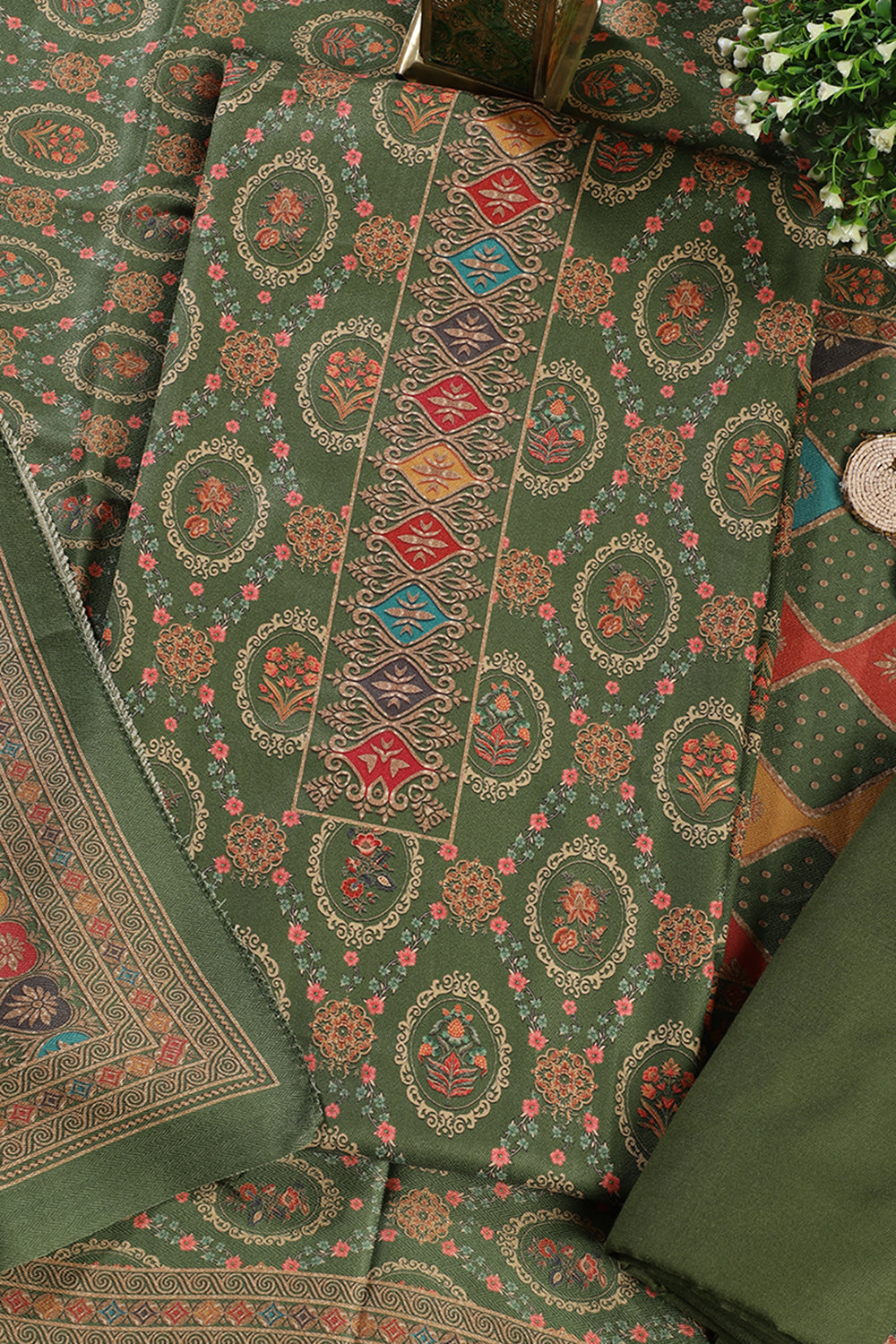 Green Pashmina Digital Printed Unstitched Suit Material
