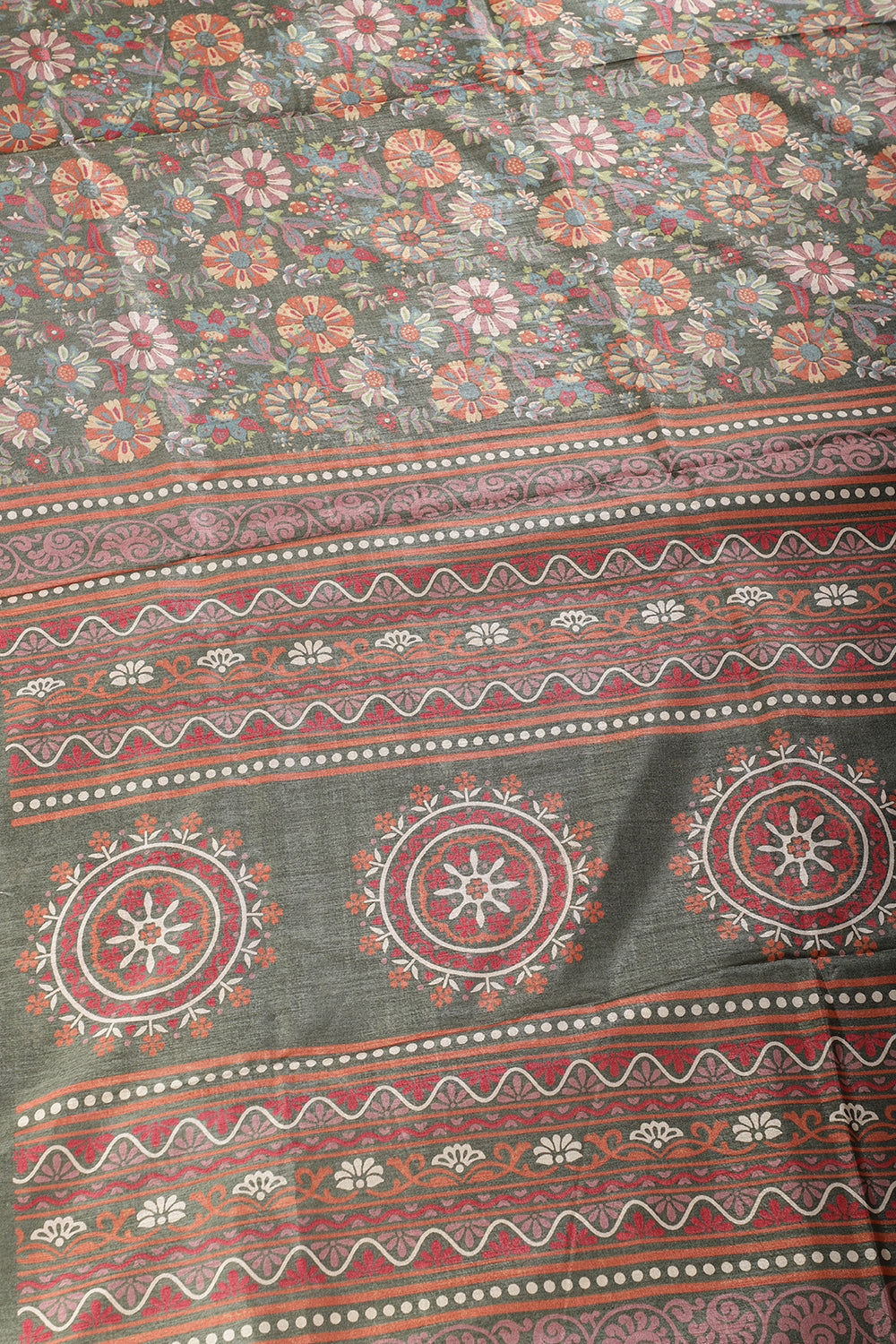 Mehandi Colour Floral Printed Cotton Silk Saree