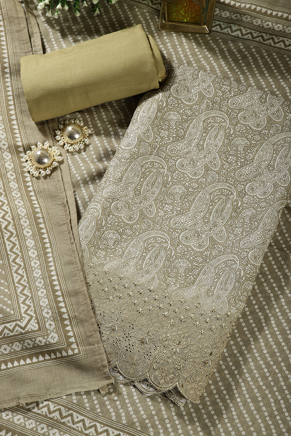 Mehandi Color Chanderi Cotton Floral Printed Unstitched Suit Material