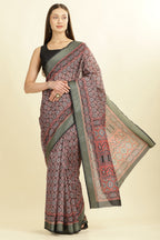 Black Ajrakh Block Printed Cotton Saree