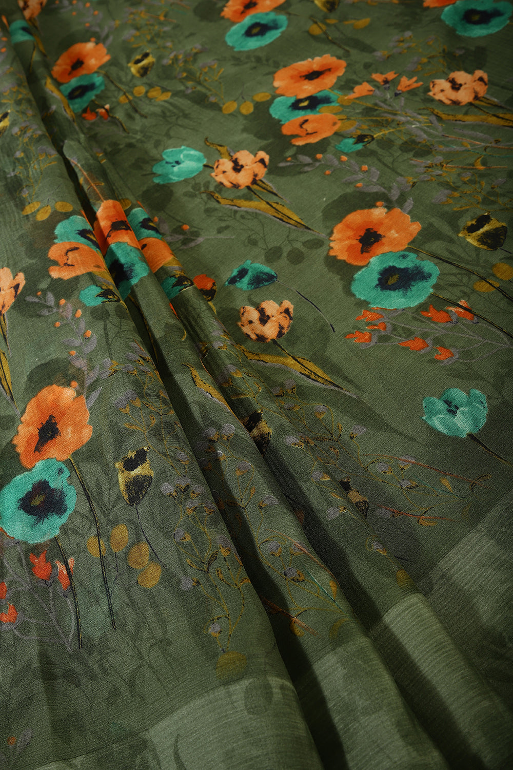 Olive Green Color Floral Printed Chiffon Saree