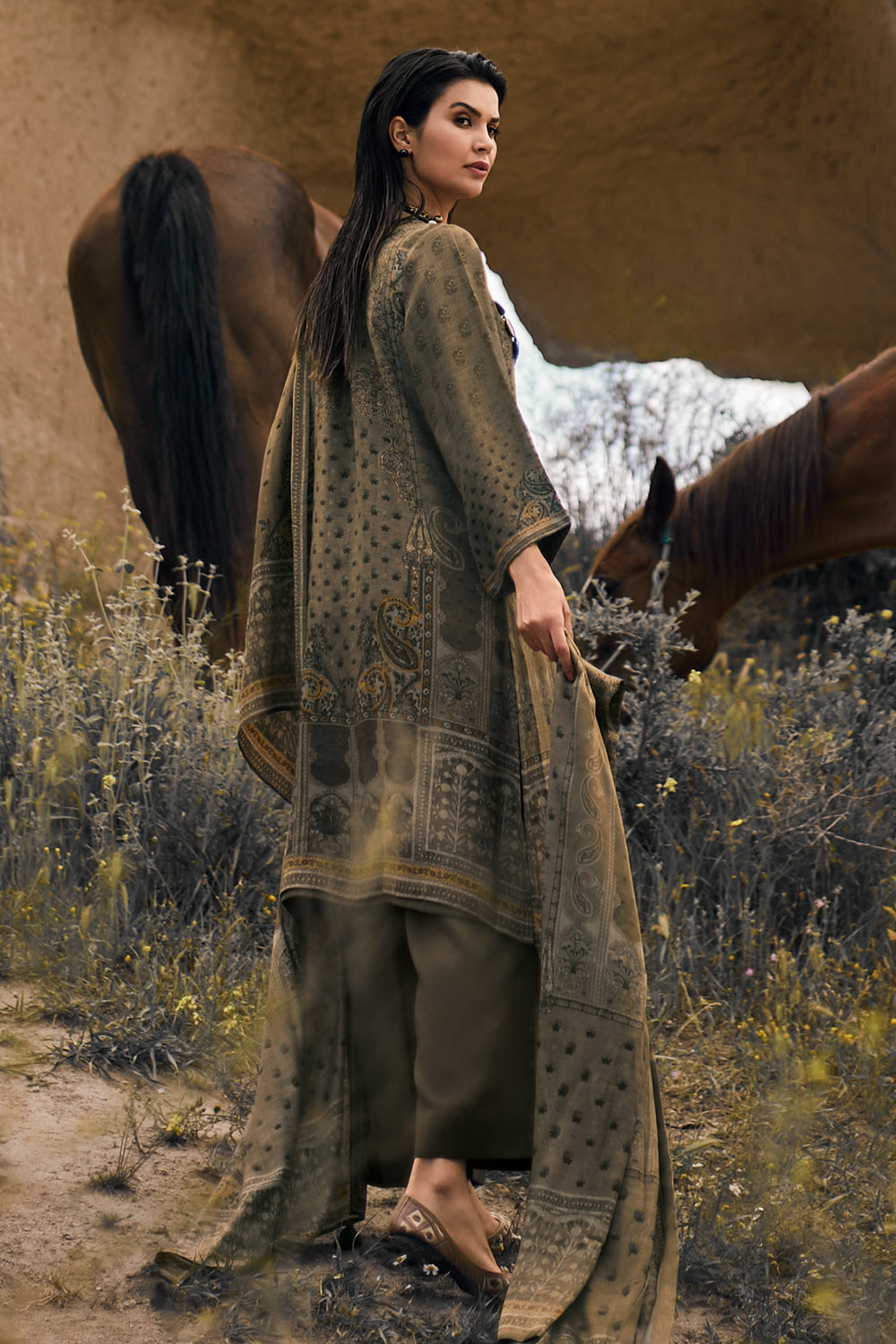 Brown Color Printed Muslin Unstitched Suit Material