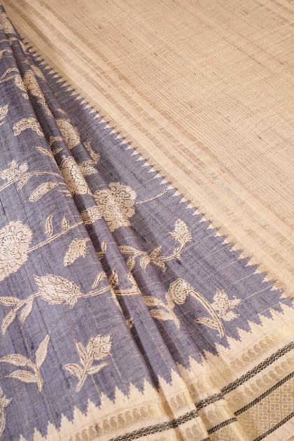 Grey Cotton Silk Floral Printed Saree